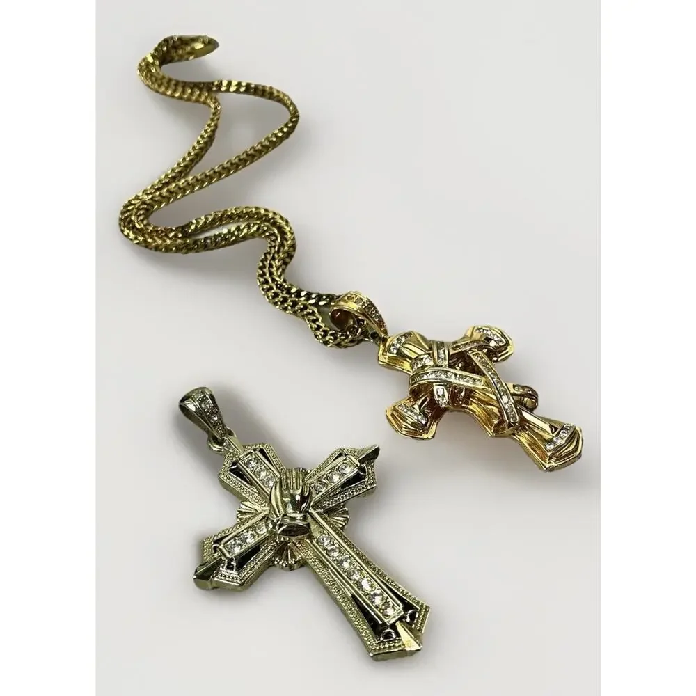 Lg Gold Tone Cross Pendant Lot w 30” Stainless Chain 2 Interchangeable Pendants